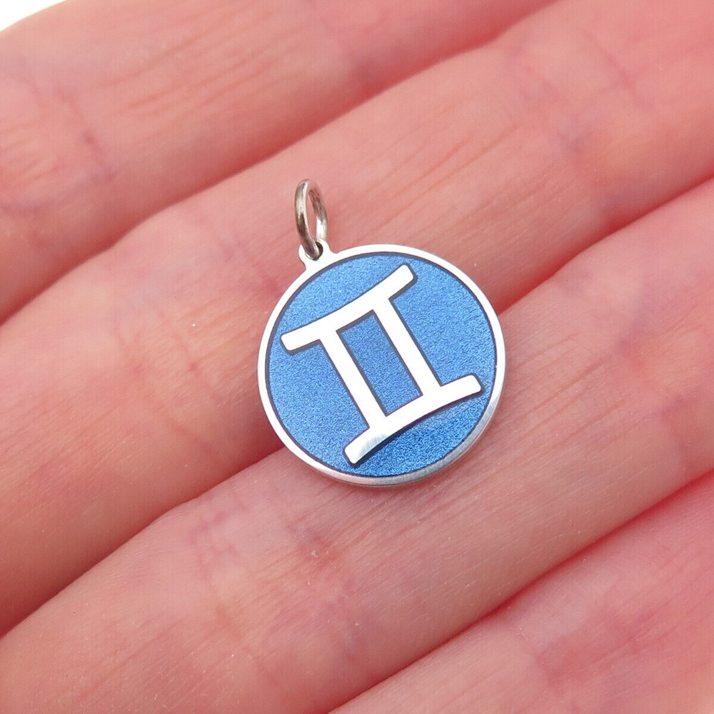 925 Sterling Silver Blue Enamel Gemini Zodiac Sign Charm Pendant